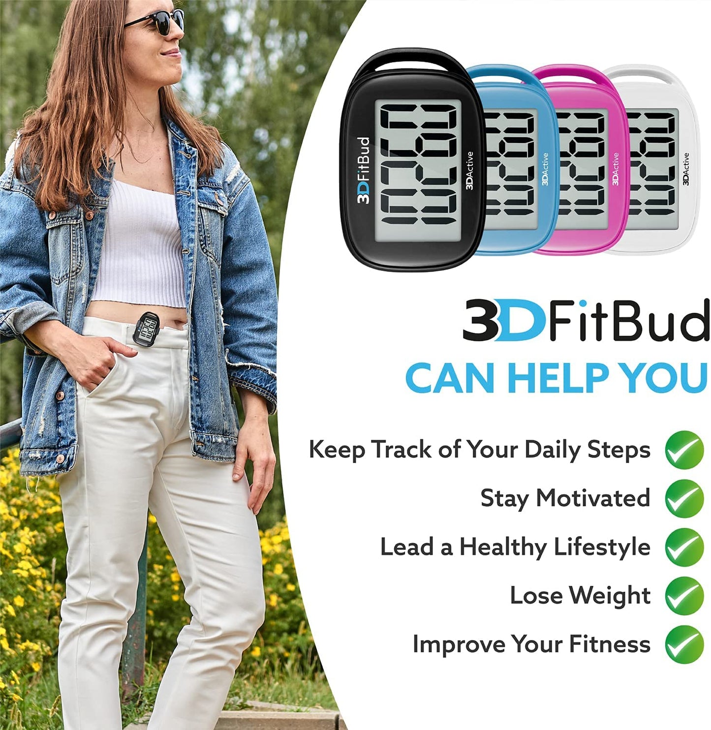 3Dfitbud Simple Step Counter Walking 3D Pedometer with Clip and Lanyard, A420S