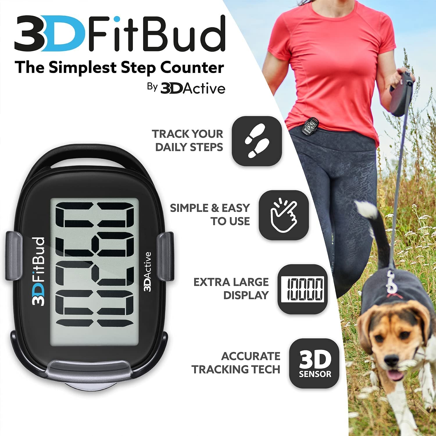 3Dfitbud Simple Step Counter Walking 3D Pedometer with Clip and Lanyard, A420S